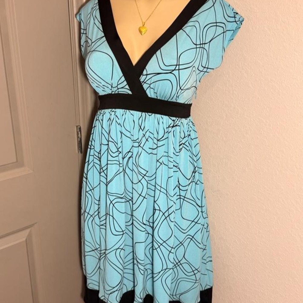 London Times blueish dress with black abstract shapes and tie